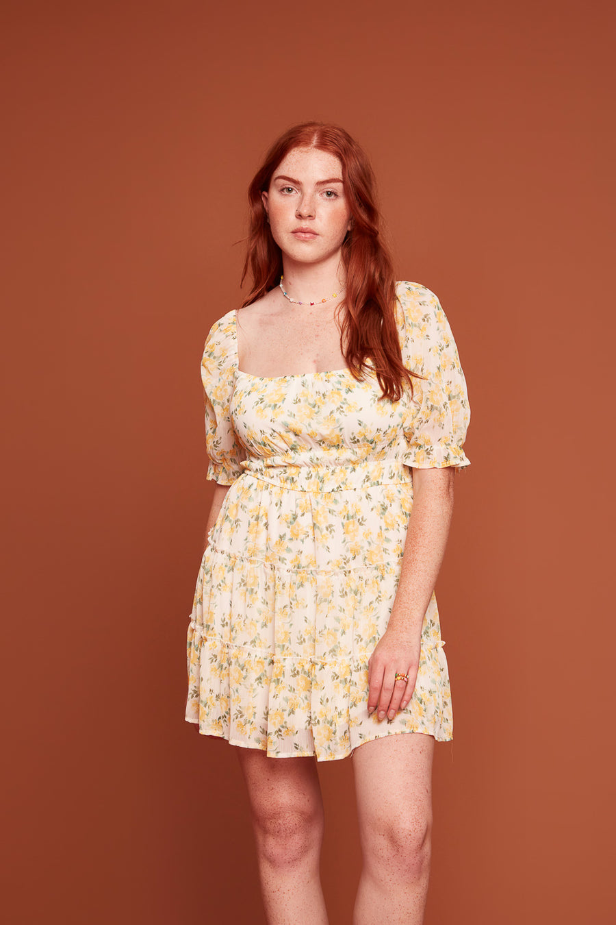 Ivory Yellow Floral Tier Dress - Trixxi Clothing
