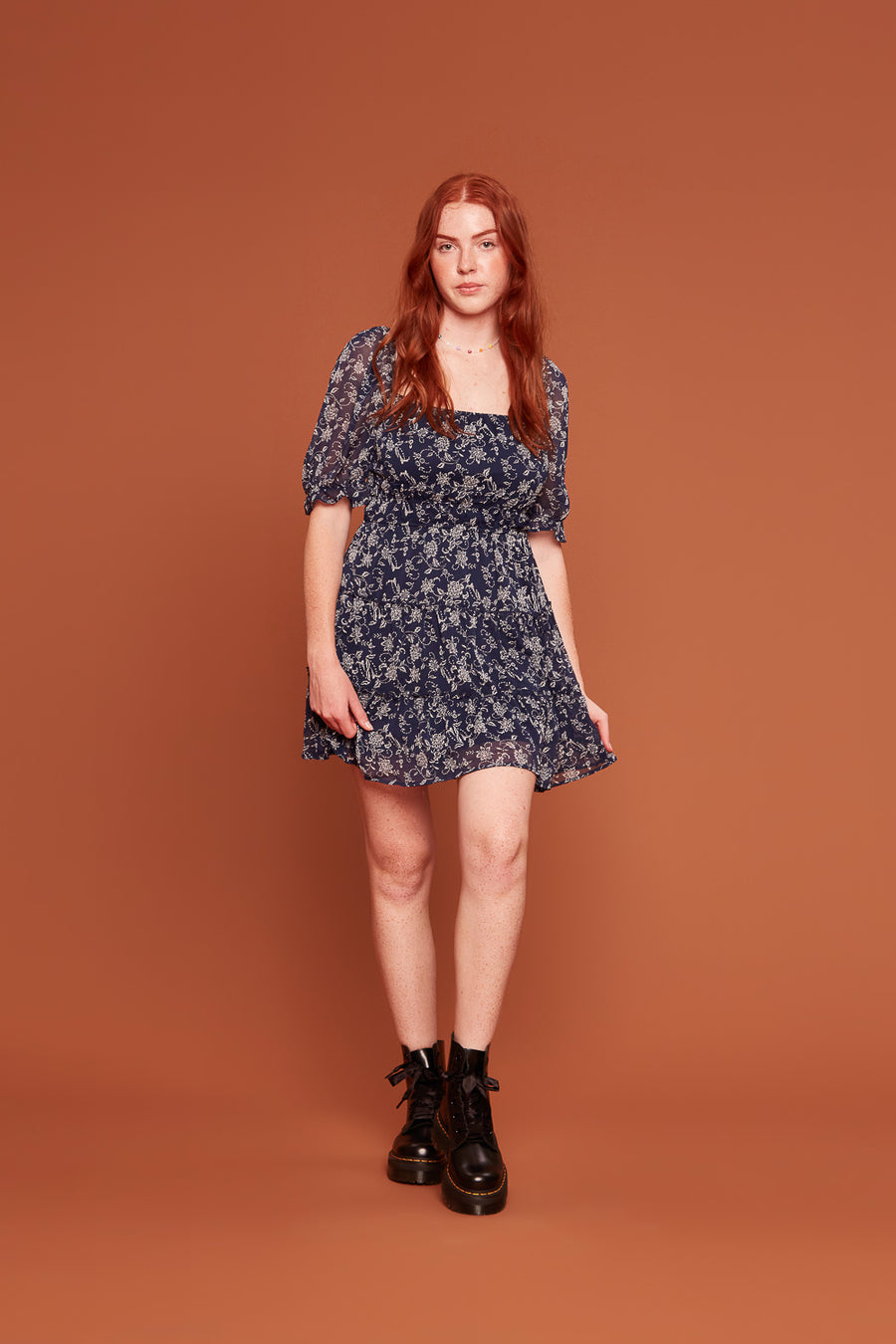 Navy Off White Floral Tier Dress