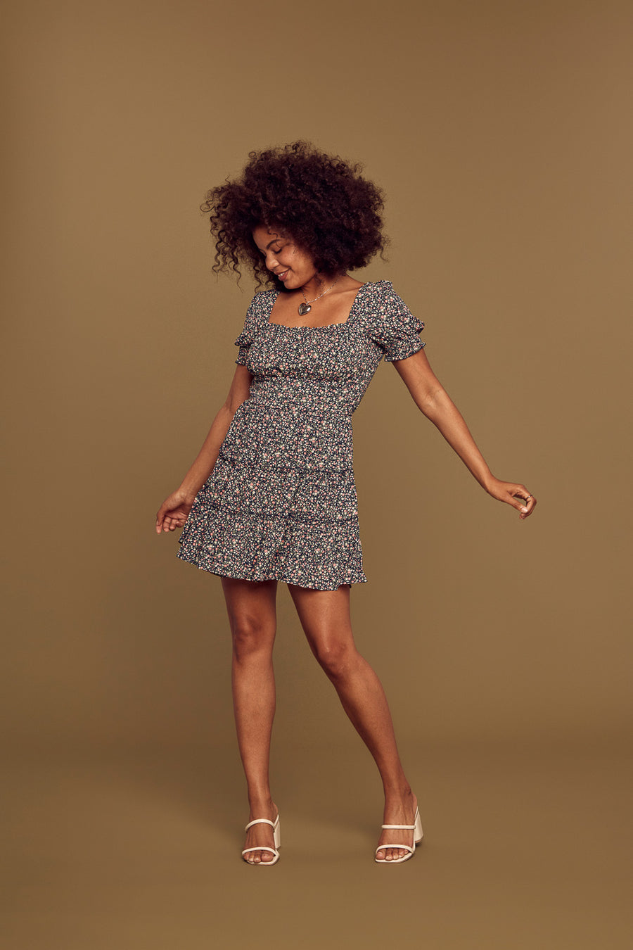 Navy Floral Smocked Sleeve Dress