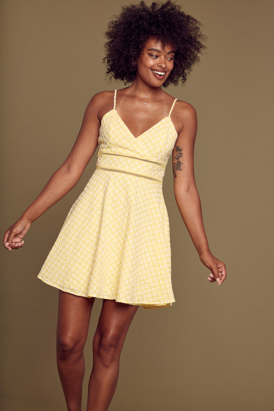 Yellow Floral Eyelet Dress - Trixxi Clothing