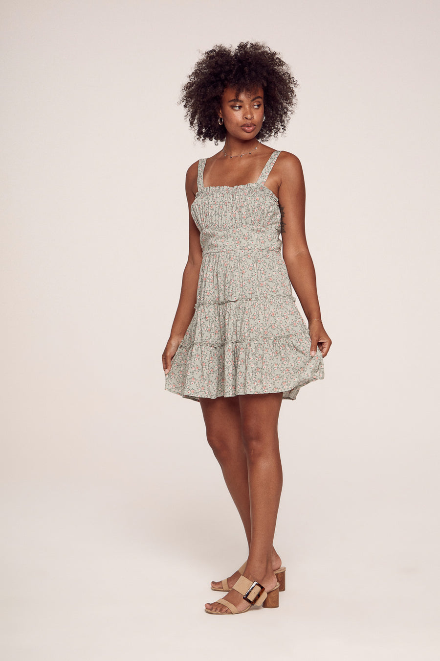 Sage Floral Tiered Dress - Trixxi Clothing