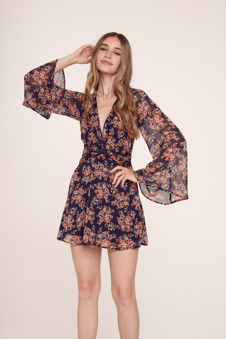 Navy Floral Long Sleeve Flair Dress