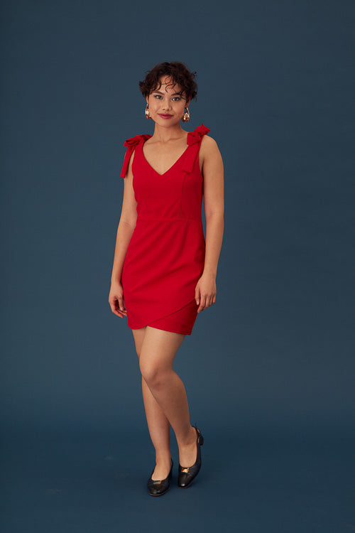 Short Red Shoulder Tie Dress - Trixxi Clothing