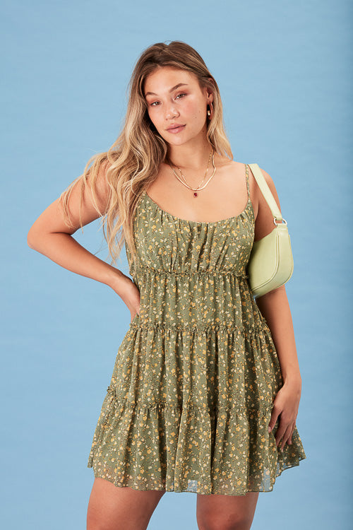 Green Floral Tiered Dress - Trixxi Clothing
