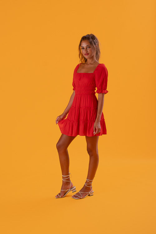 Short Tiered Red Dress - Trixxi Clothing
