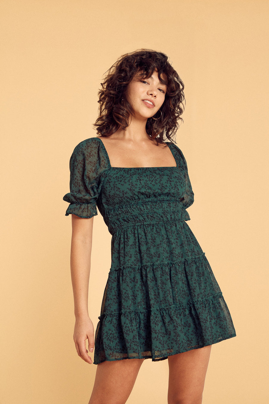 Green Floral Short Sleeve Tier Dress - Trixxi Clothing
