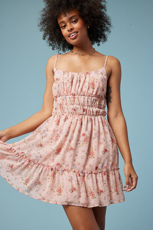 Pink Floral Strappy Tier Dress - Trixxi Clothing