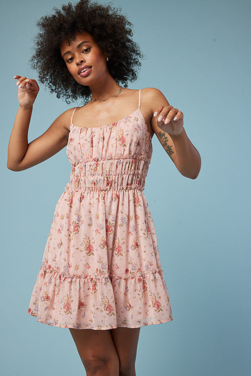 Pink Floral Strappy Tier Dress - Trixxi Clothing