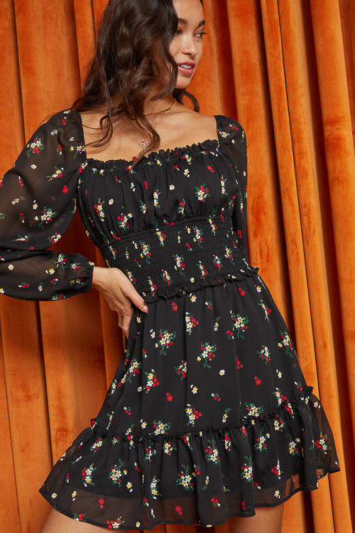 Long Sleeve Black Floral Dress - Trixxi Clothing