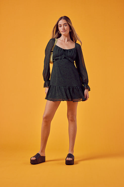 Long Sleeve Leaf Print Dress - Trixxi Clothing