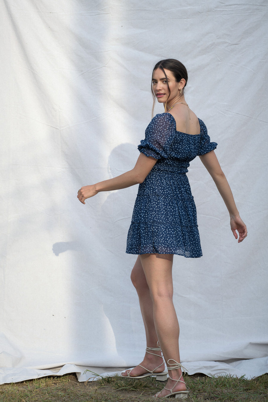 Navy Floral Ruched Dress - Trixxi Clothing