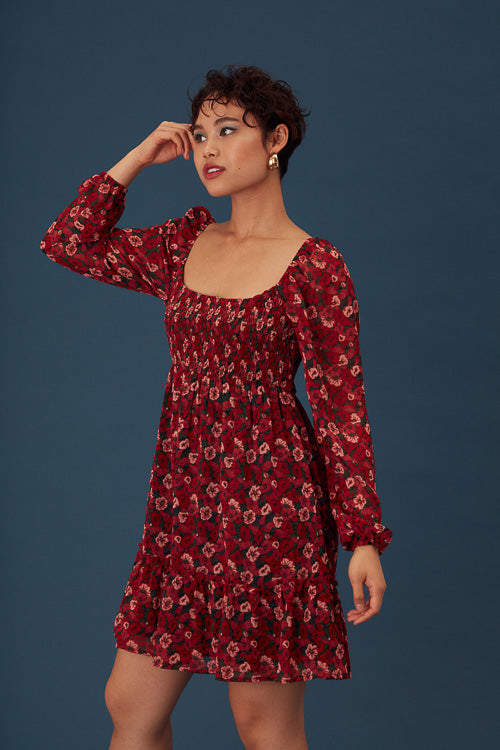 Red Floral Long Sleeve Dress - Trixxi Clothing