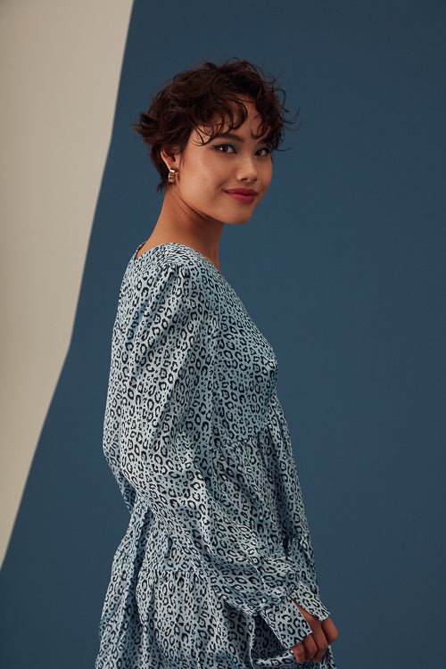 Long Sleeve Blue Cheetah Dress - Trixxi Clothing