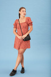 Rust Floral Sweetheart Dress - Trixxi Clothing