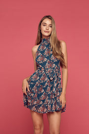 Blue Floral Halter Dress - Trixxi Clothing